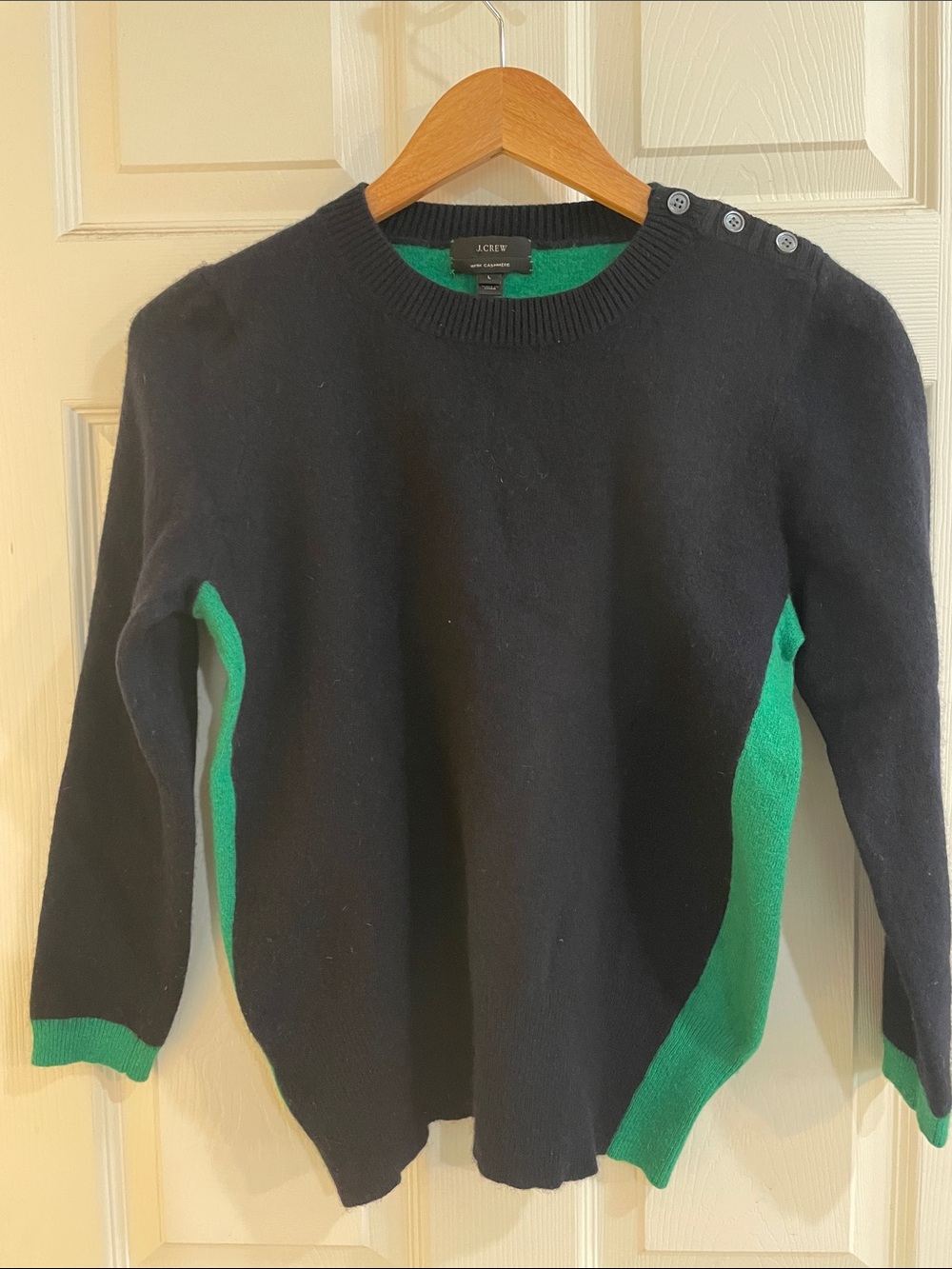 J. Crew Navy Blue/Green Cashmere Crewneck Sweater
